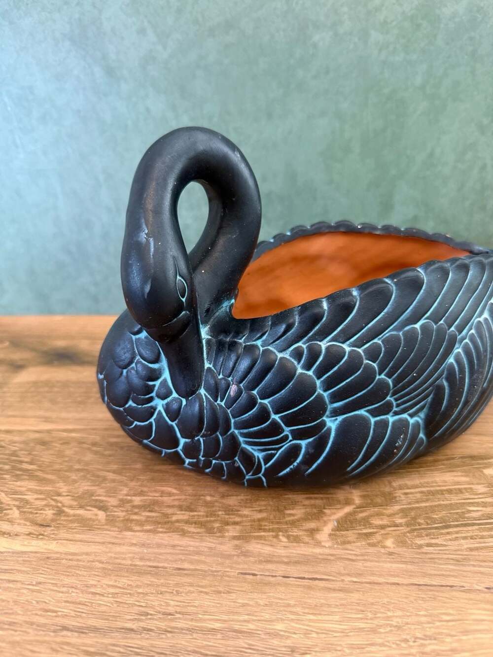 Claire Burke Vintage 1990 Black And Teal Swan Planter